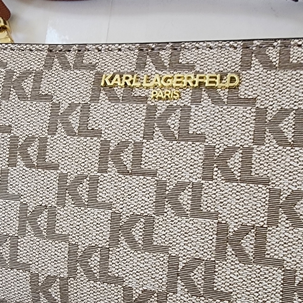 Karl Lagerfeld Monogram Brown Leather Wristlet Taupe Women's Crossbody - Picture 6 of 13